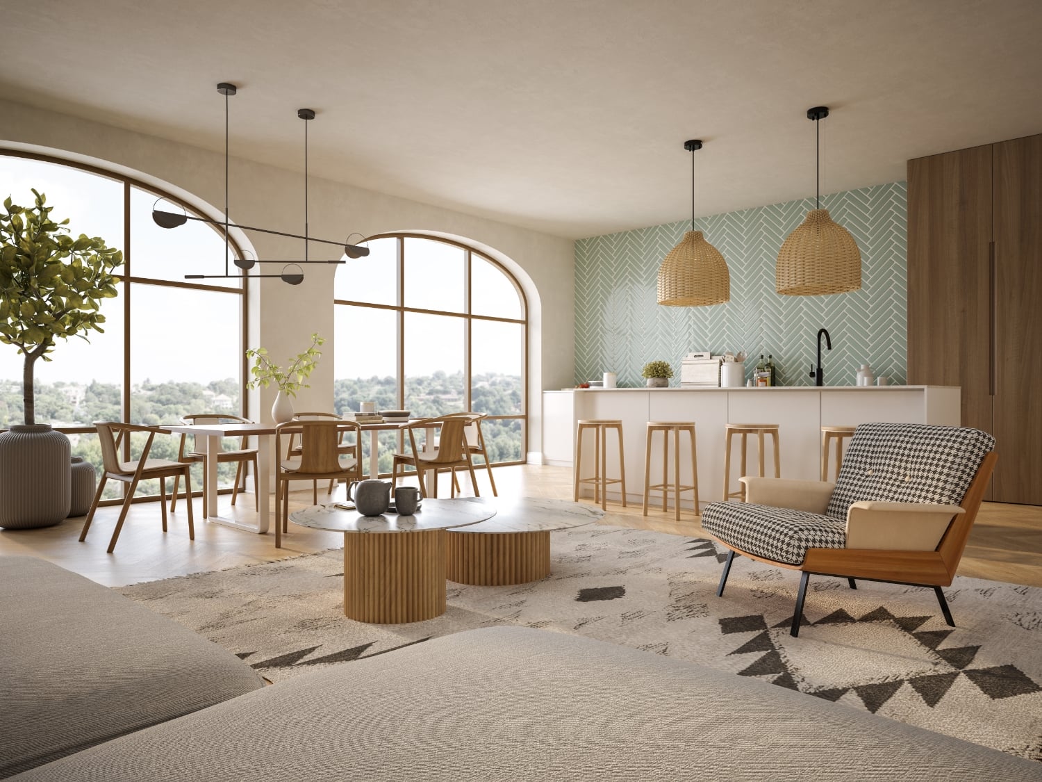 Comedor y cocina abierta con ventanales en arco, lámparas de fibra natural y barra con taburetes