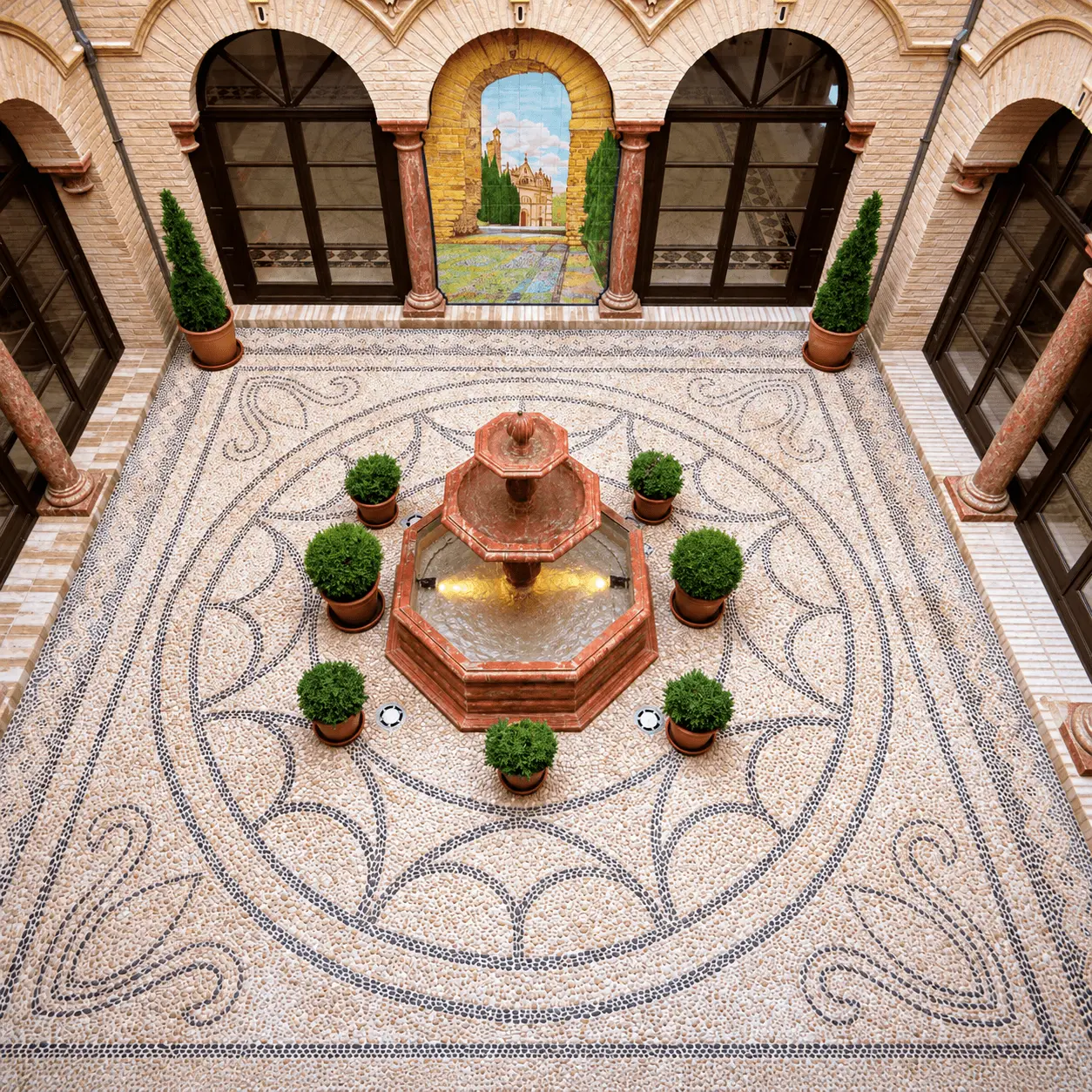 Patio andaluz central con fuente ornamental y suelo de mosaico en una villa de lujo de Marbella