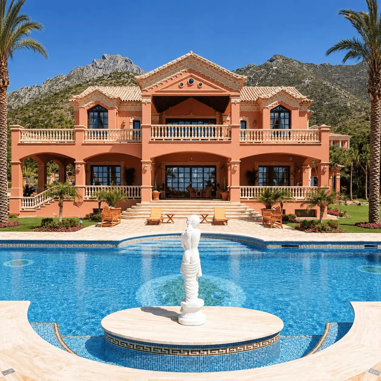 Piscina con fuente central frente a la fachada de la villa andaluza en Marbella