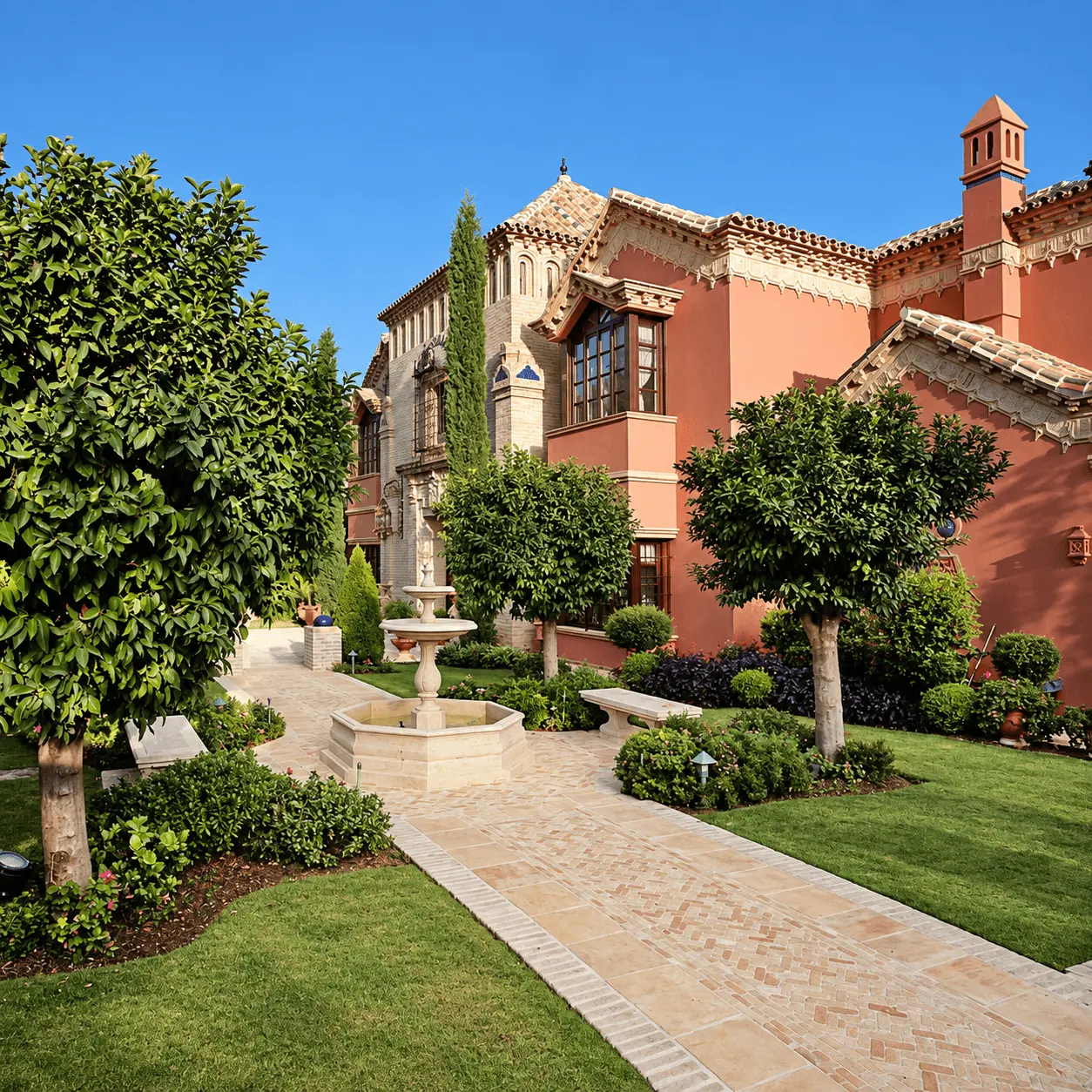 Jardín con césped y senda empedrada hacia la villa de arquitectura andaluza en Marbella