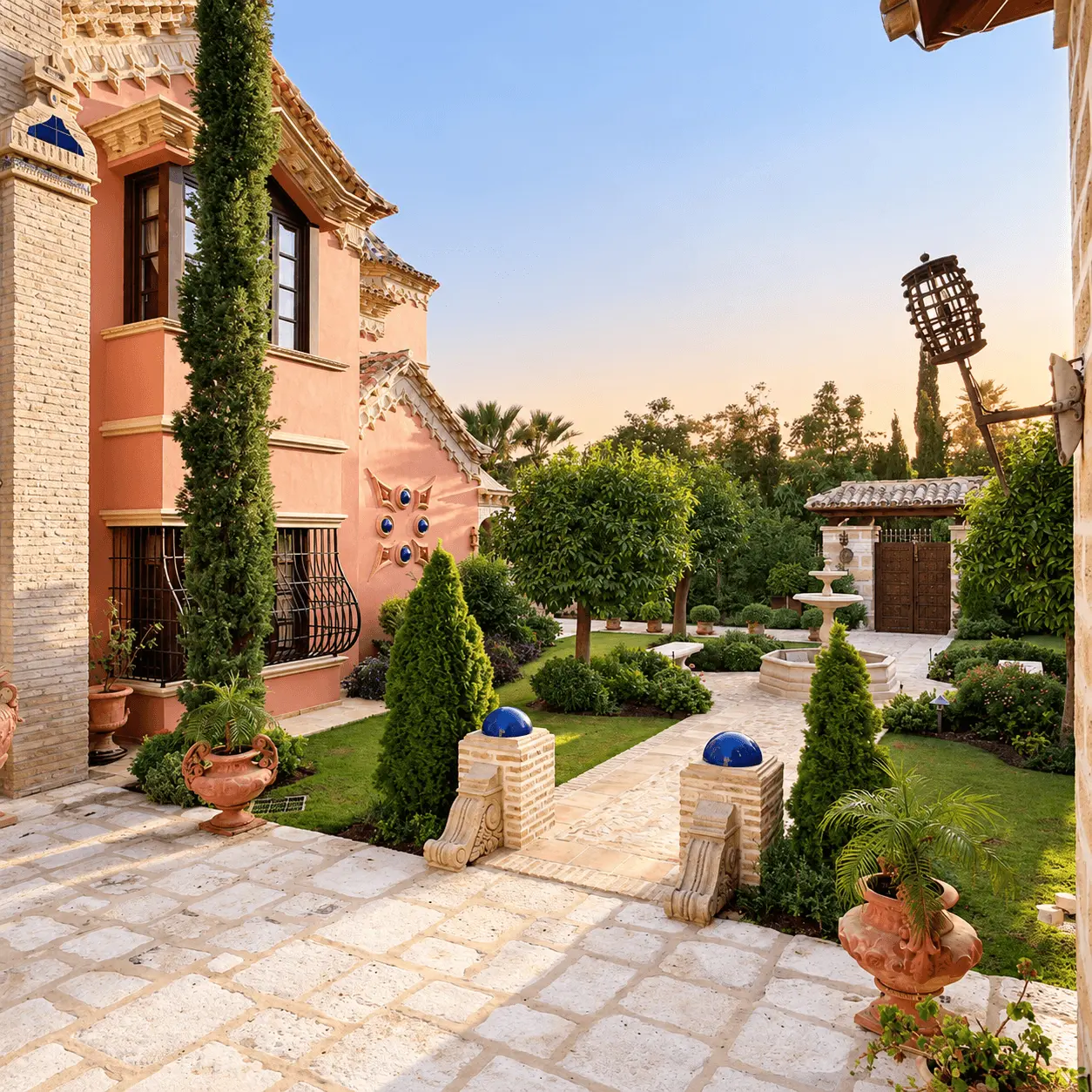 Jardín con cipreses y camino de piedra junto a la fachada de la villa andaluza de lujo en Marbella