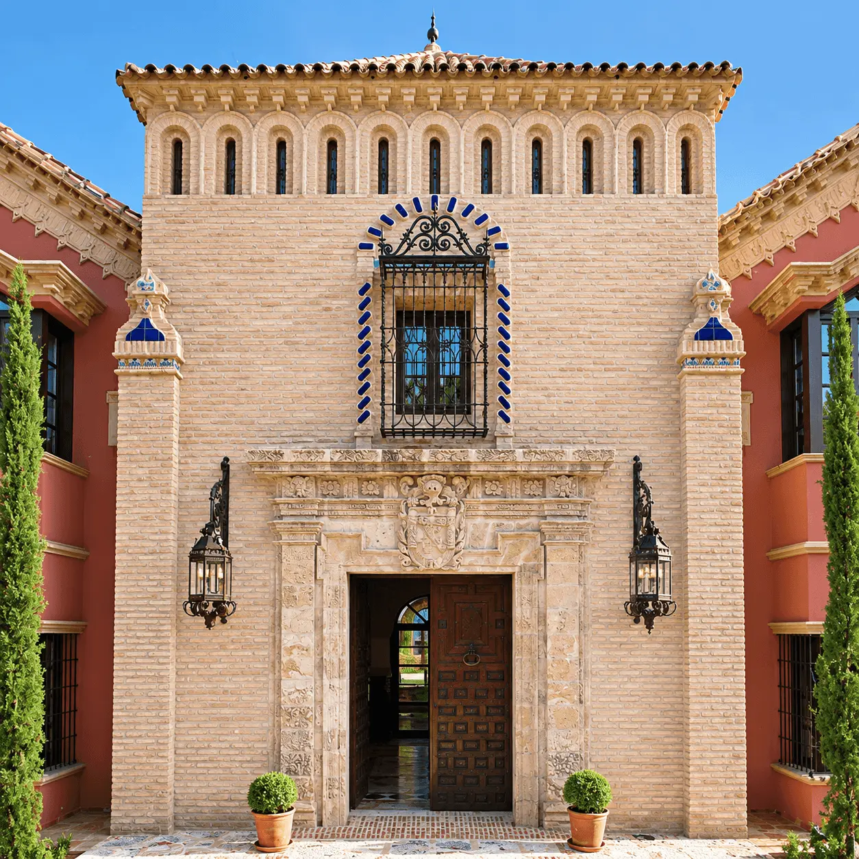 Fachada de ladrillo con portada y ventana de azulejos azules de una villa andaluza de lujo en Marbella