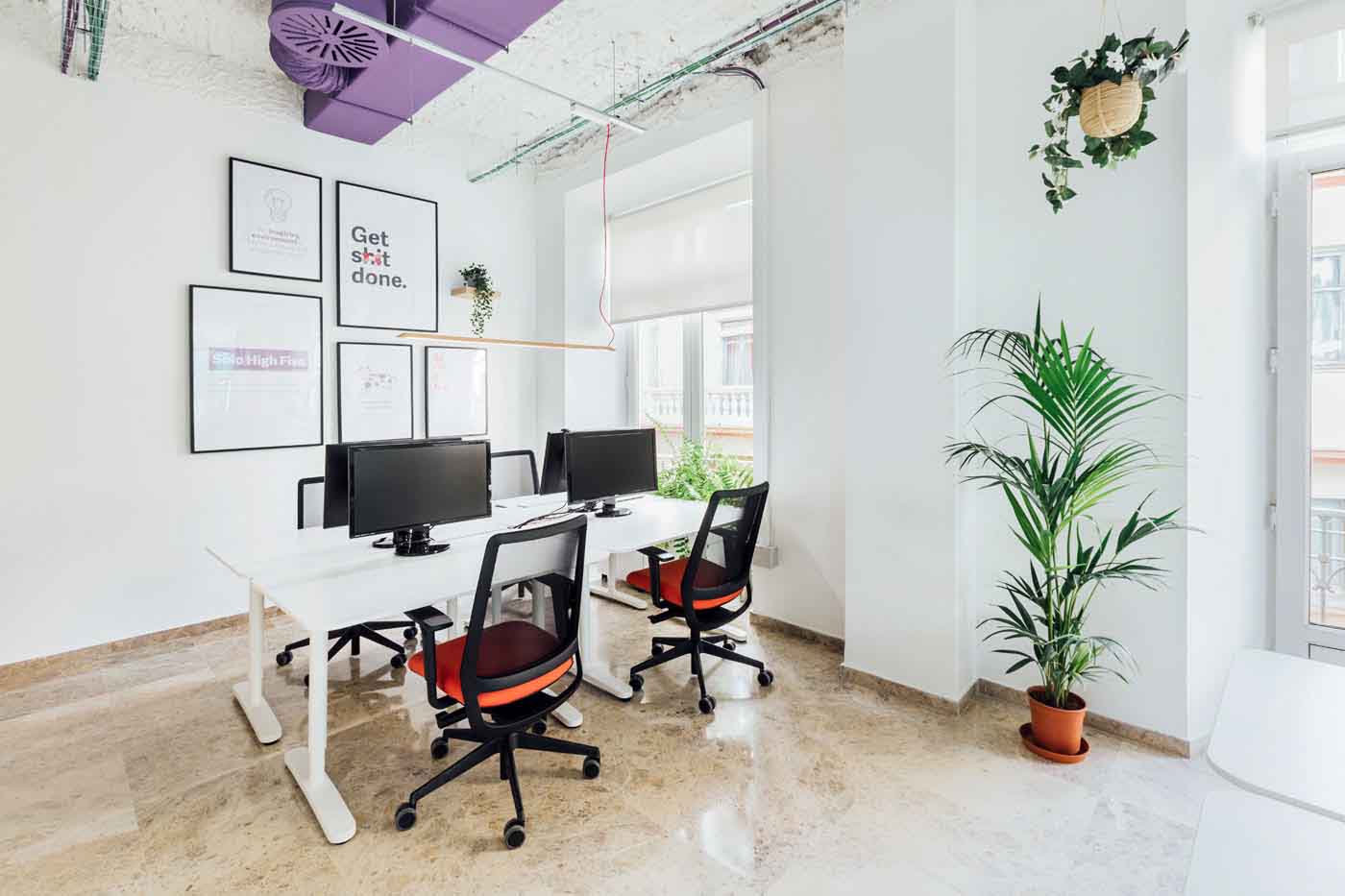 Puestos de trabajo con monitores y plantas en las oficinas de Plytix