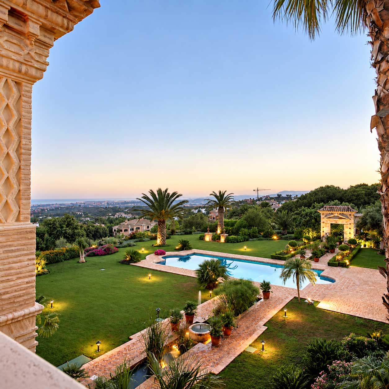 Atardecer sobre el jardín y la piscina desde una terraza con columna ornamental en Marbella