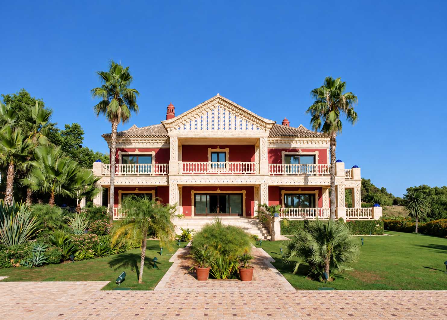 Fachada principal de la villa con balcones, palmeras y jardín en Marbella