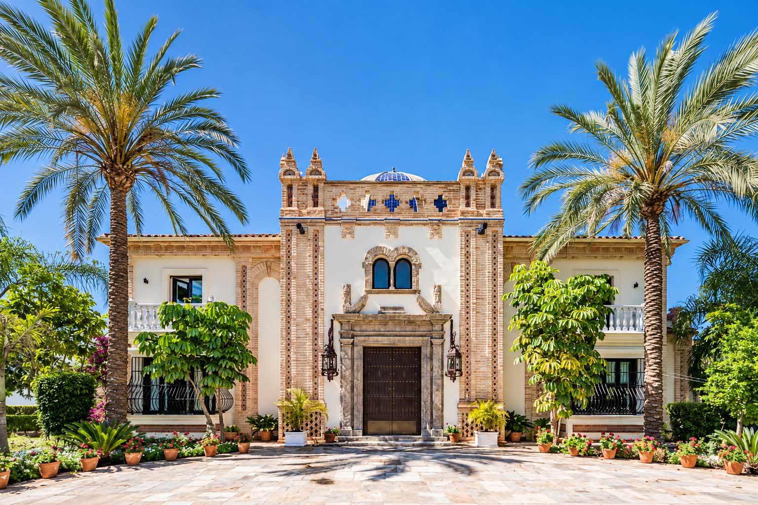 Fachada señorial de la Villa Alhambra con palmeras y portada ornamental en la Costa del Sol