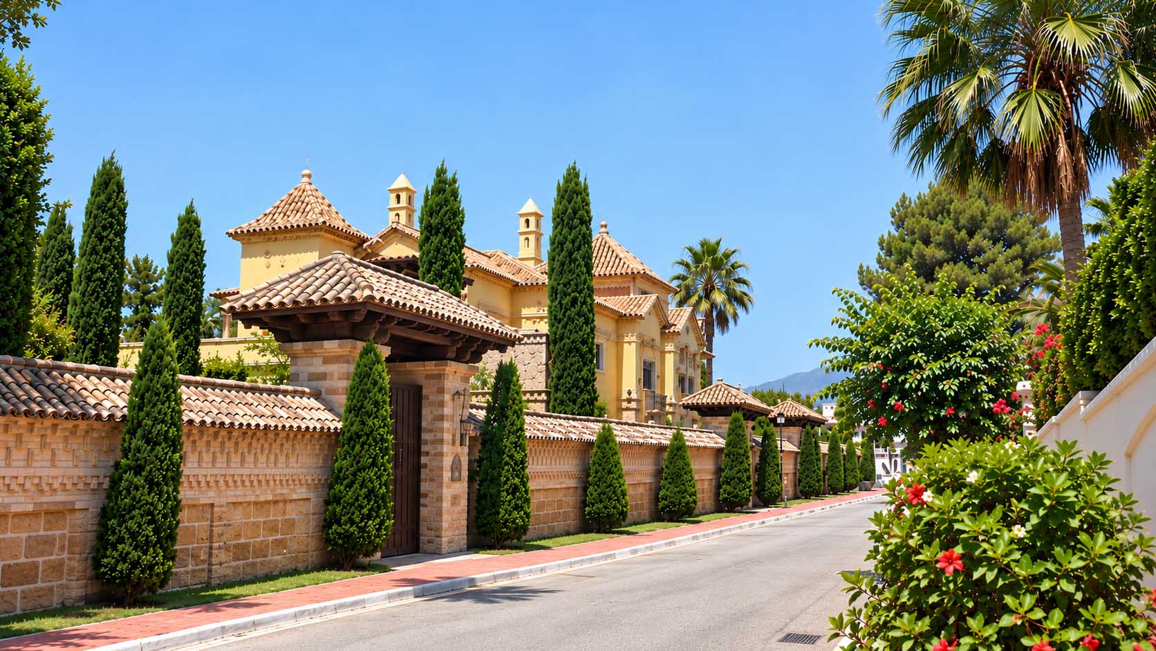 Villa Casa Blanca con torreones y cipreses junto al muro perimetral en Marbella