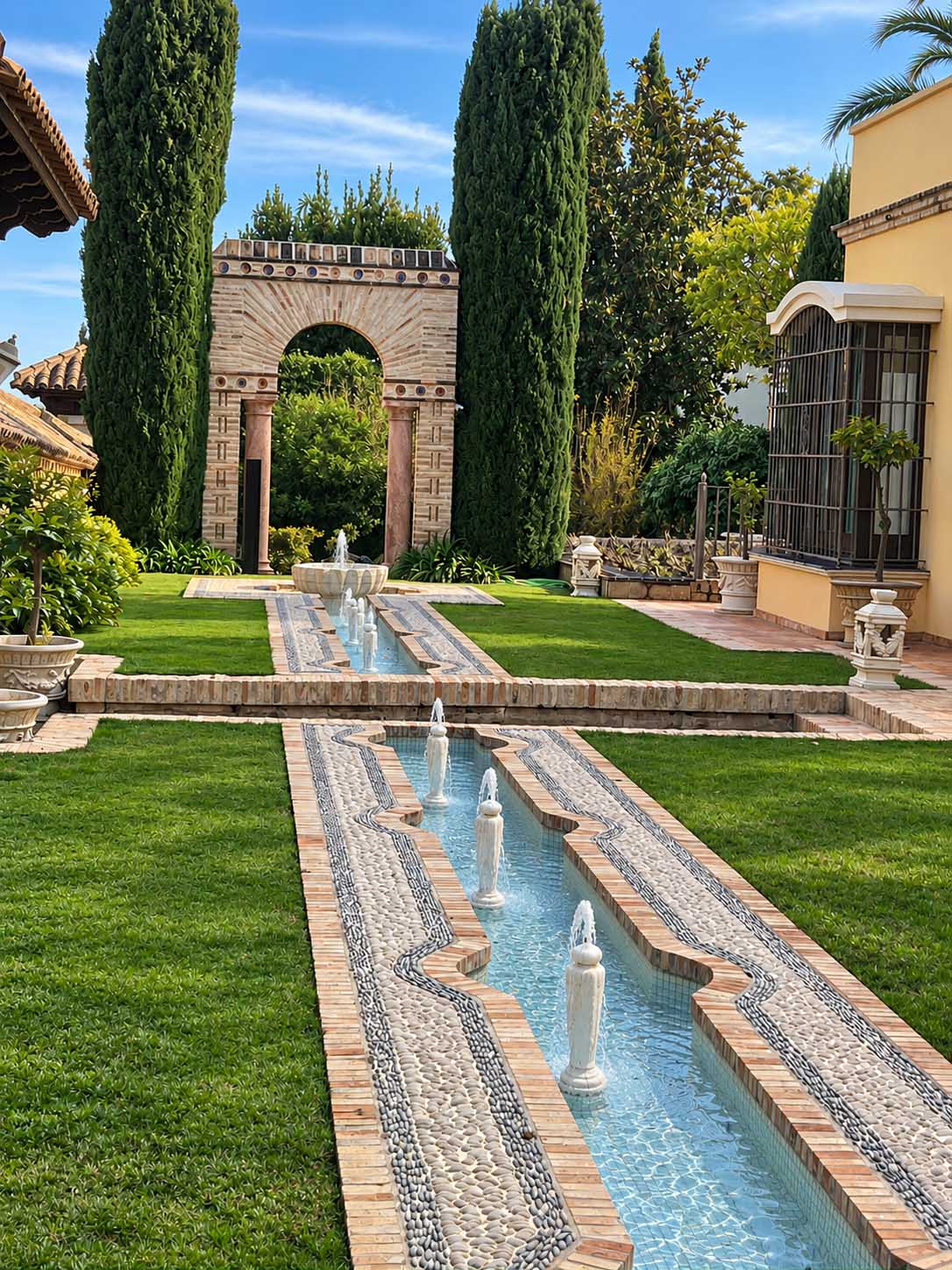 Canal ornamental con fuentes y pavimento de azulejos entre cipreses en la Villa Casa Blanca