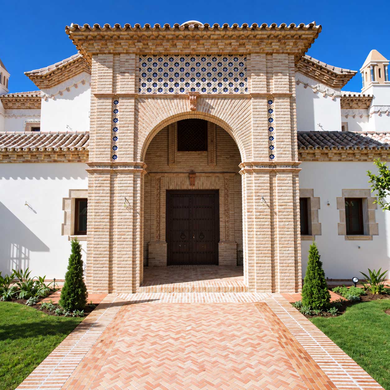 Portada de entrada con arco y revestimientos de piedra en una villa blanca de la Costa del Sol
