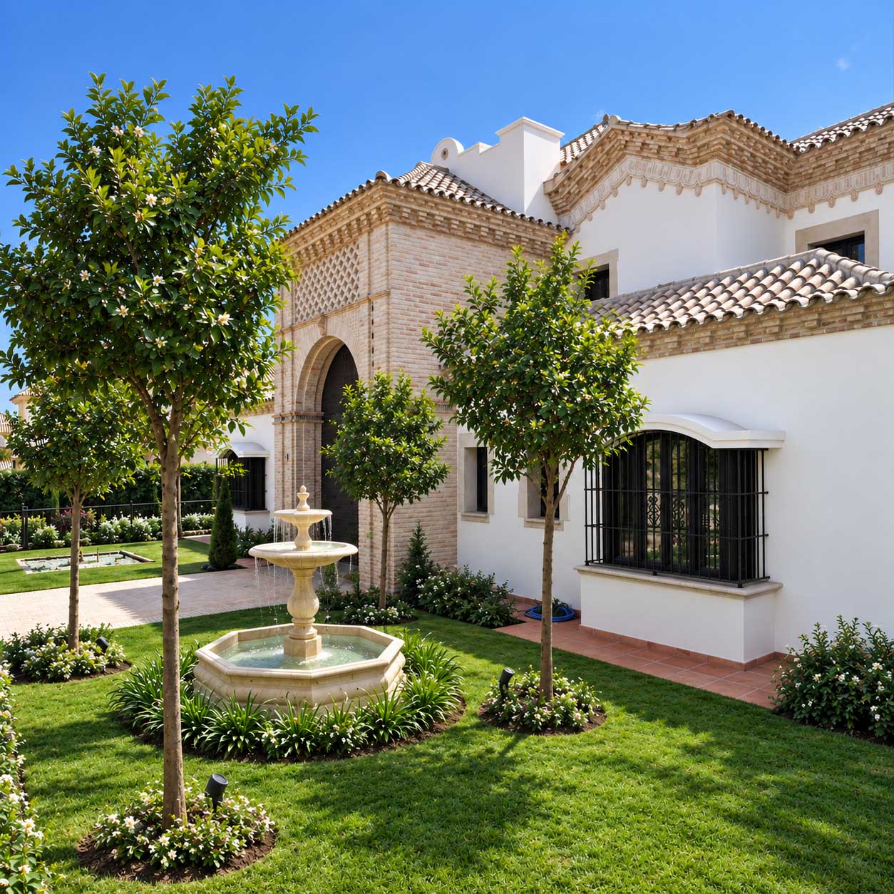 Jardín con fuente y árboles frente a la villa blanca de la Costa del Sol
