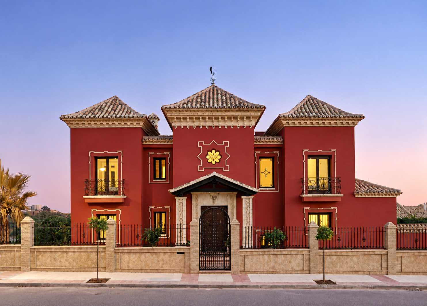 Villa de fachada roja con tres cuerpos y cubiertas de teja al atardecer en la Costa del Sol